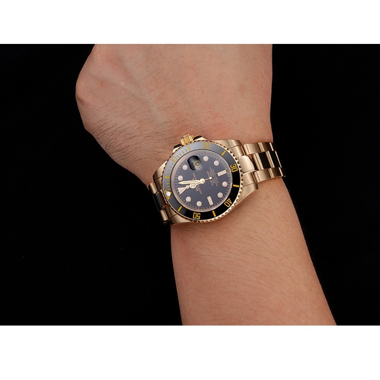 Aaa fake watches Gold Black Rolex Bracelet Yellow Submariner Black Swiss And Bezel Case Dial 0607